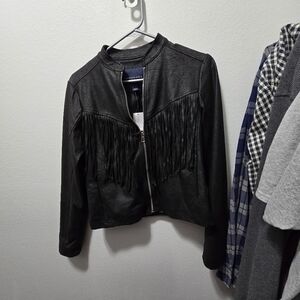 Faux leather fringe jacket